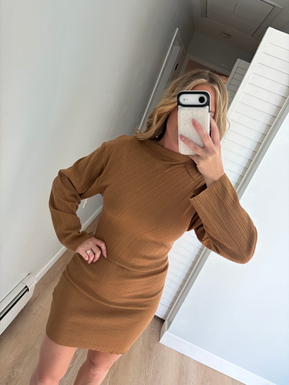 H&M Ribbed Long-Sleeve Mini Dress in Camel Brown